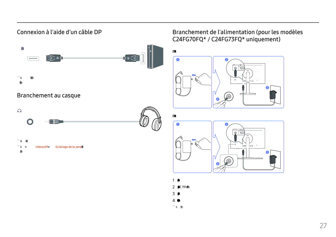 Samsung LC27FG73FQUXEN, LC24FG73FQUXEN manual Connexion à laide dun câble DP, Branchement au casque, C24FG70FQ 