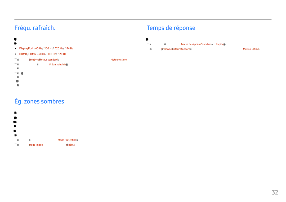 Samsung LC24FG73FQUXEN, LC27FG73FQUXEN manual Fréqu. rafraîch, Ég. zones sombres, Temps de réponse 