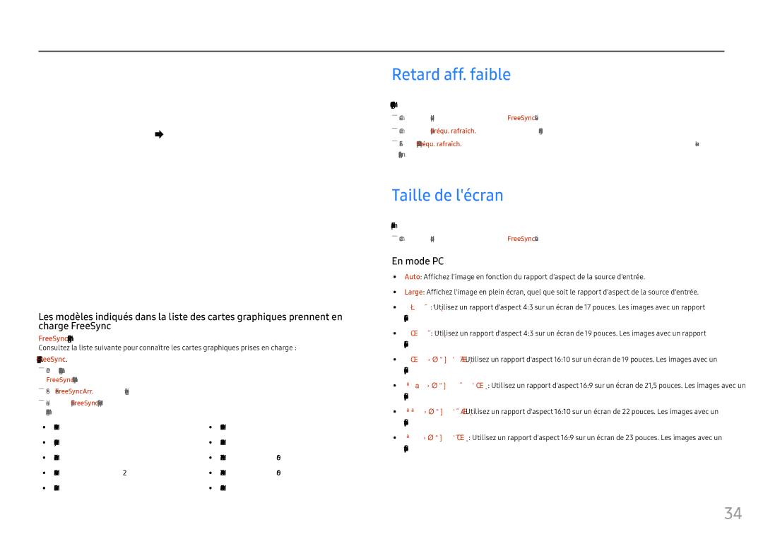 Samsung LC24FG73FQUXEN, LC27FG73FQUXEN manual Retard aff. faible, Taille de lécran 