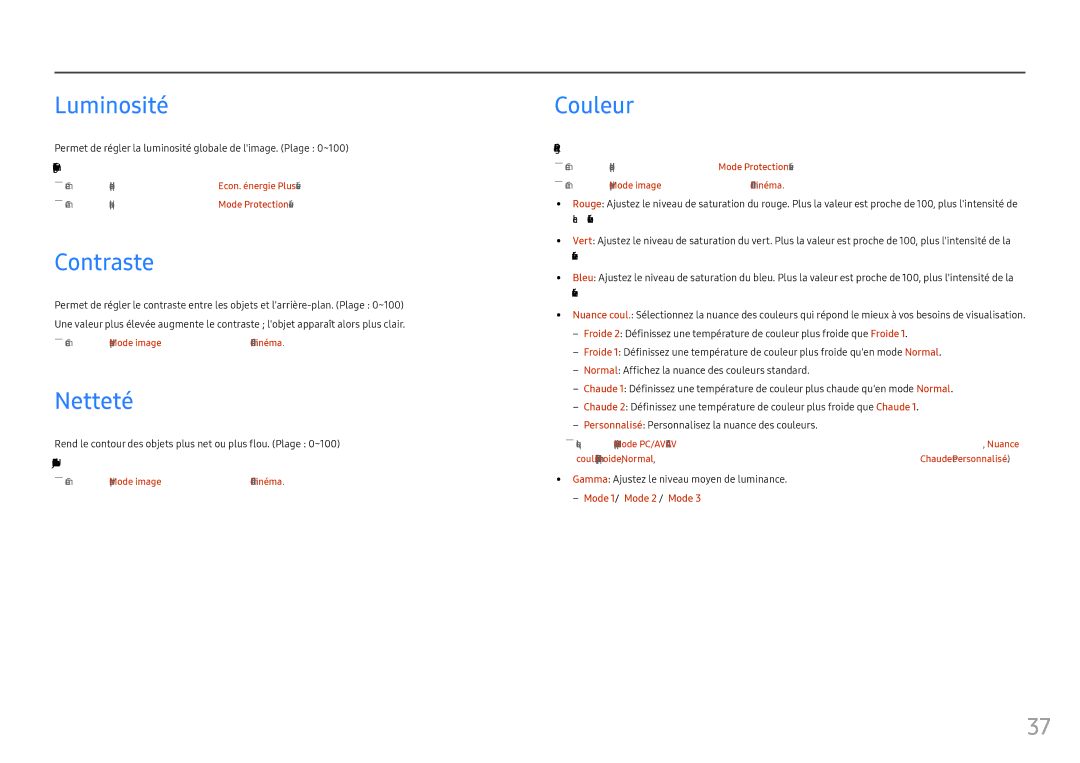 Samsung LC27FG73FQUXEN, LC24FG73FQUXEN manual Luminosité, Contraste, Netteté, Couleur 