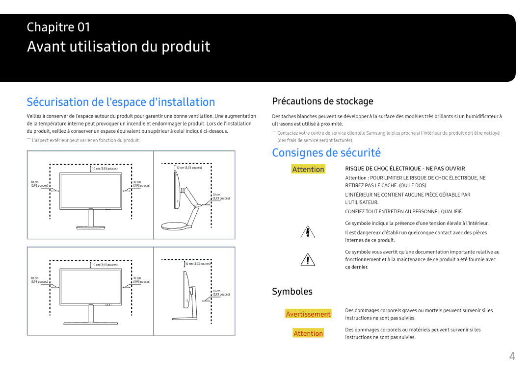 Samsung LC24FG73FQUXEN manual Avant utilisation du produit, Sécurisation de lespace dinstallation, Consignes de sécurité 