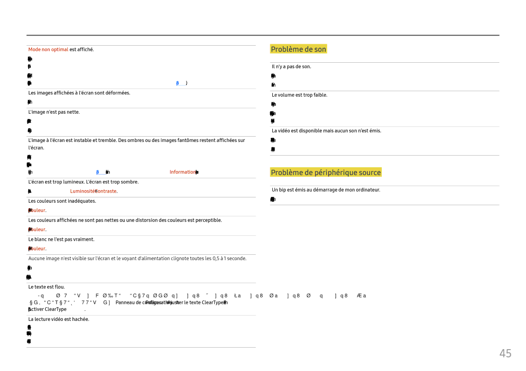 Samsung LC27FG73FQUXEN manual Vérifiez le branchement du câble avec lappareil, Ajustez les valeurs Luminosité et Contraste 