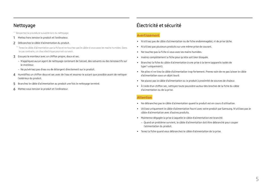 Samsung LC27FG73FQUXEN, LC24FG73FQUXEN manual Nettoyage, Électricité et sécurité 