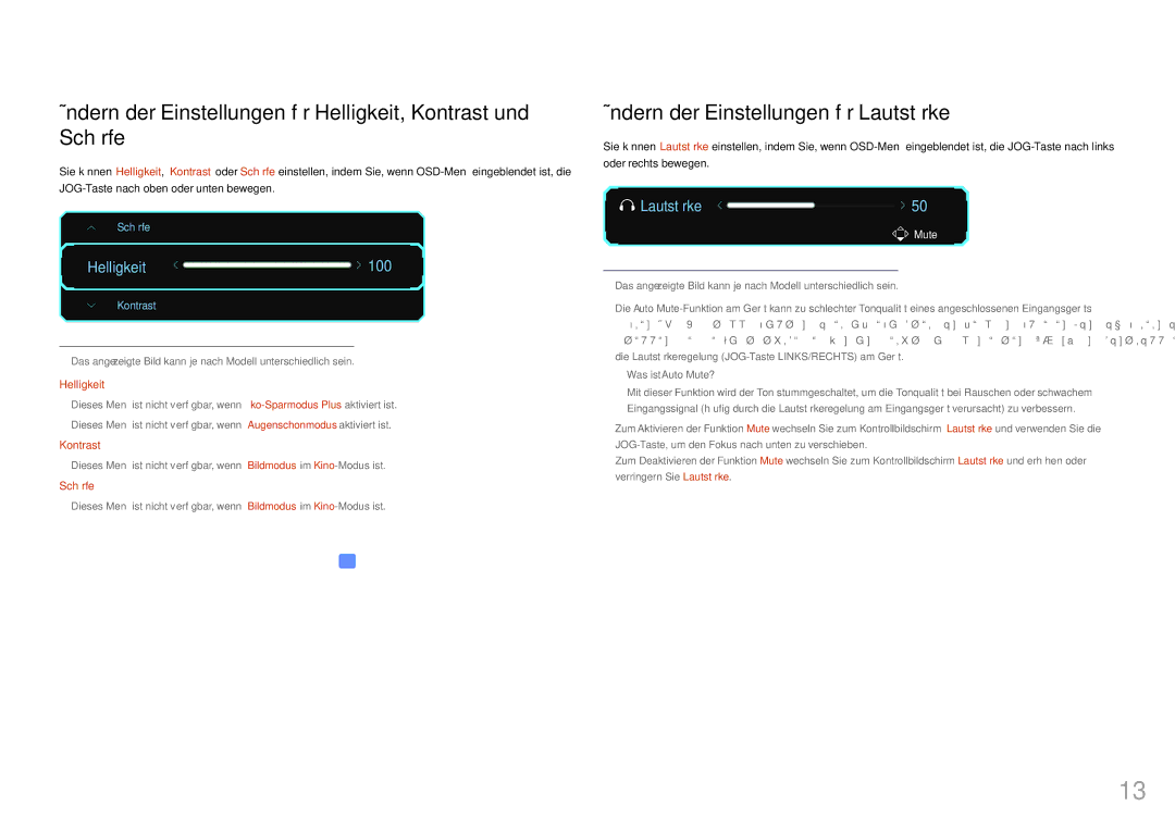 Samsung LC27FG73FQUXEN, LC24FG73FQUXEN manual Ändern der Einstellungen für Lautstärke, Helligkeit 100 