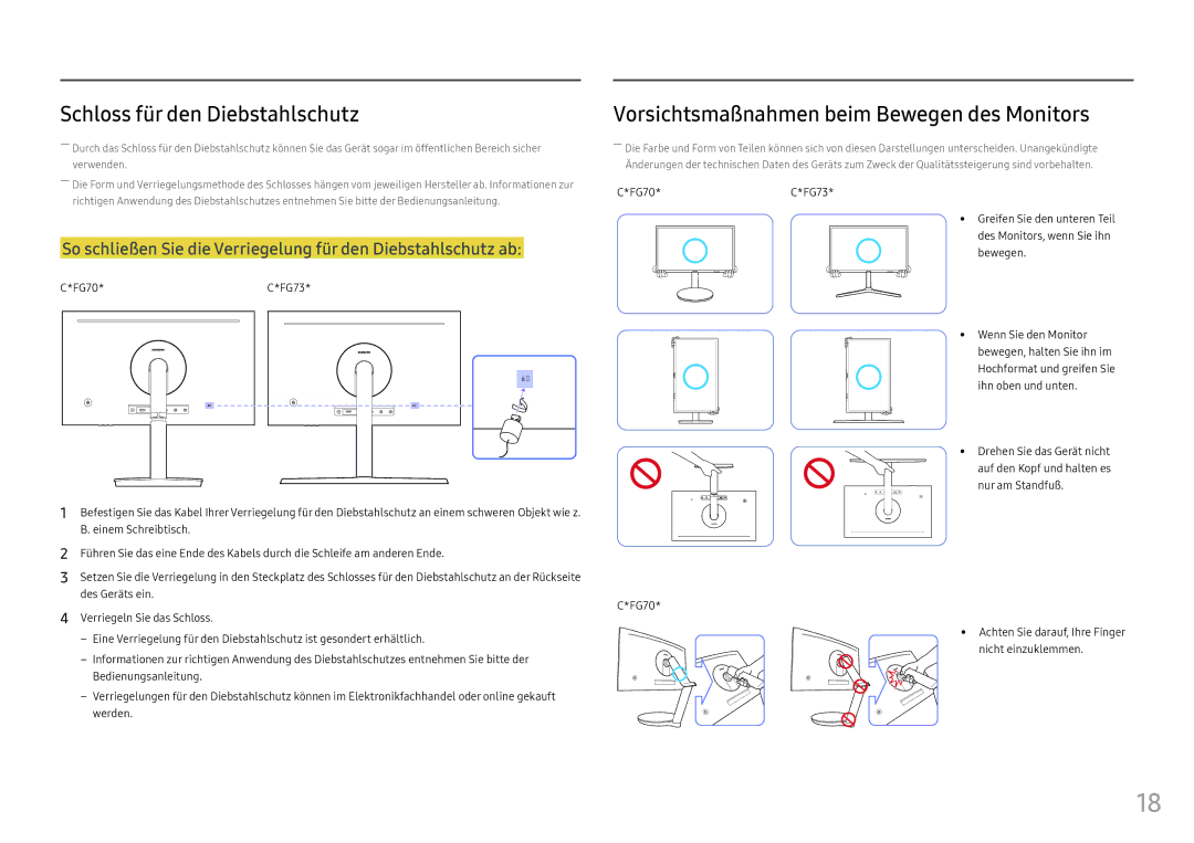 Samsung LC24FG73FQUXEN, LC27FG73FQUXEN manual Schloss für den Diebstahlschutz, Vorsichtsmaßnahmen beim Bewegen des Monitors 