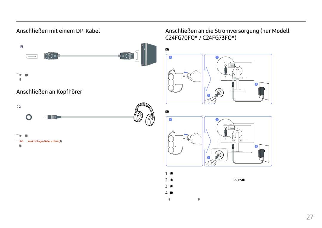 Samsung LC27FG73FQUXEN, LC24FG73FQUXEN manual Anschließen mit einem DP-Kabel, Anschließen an Kopfhörer, C24FG70FQ 