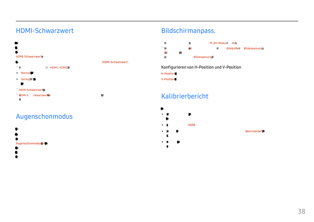 Samsung LC24FG73FQUXEN, LC27FG73FQUXEN manual HDMI-Schwarzwert, Augenschonmodus, Bildschirmanpass, Kalibrierbericht 