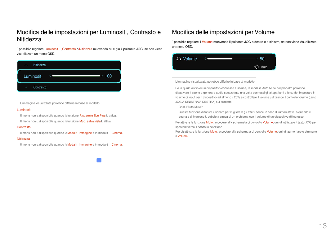 Samsung LC27FG73FQUXEN, LC24FG73FQUXEN manual Modifica delle impostazioni per Volume, Luminosità 