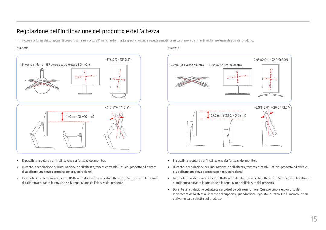 Samsung LC27FG73FQUXEN, LC24FG73FQUXEN manual Regolazione dellinclinazione del prodotto e dellaltezza 