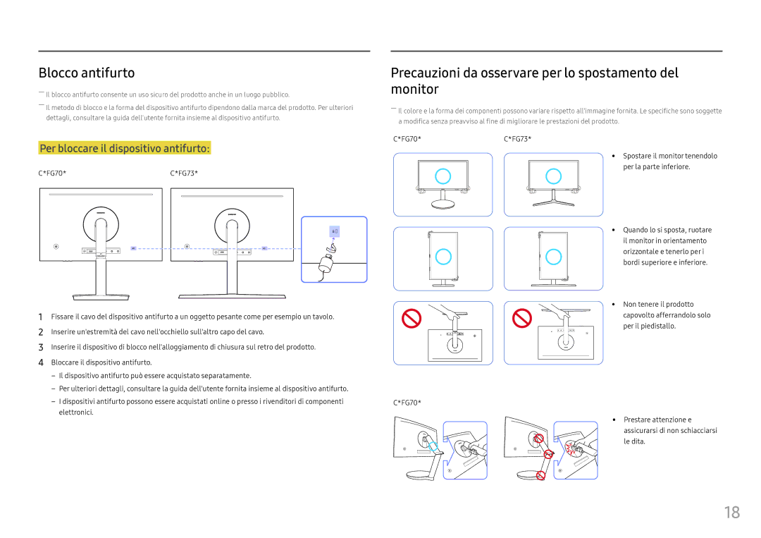 Samsung LC24FG73FQUXEN, LC27FG73FQUXEN manual Blocco antifurto, Precauzioni da osservare per lo spostamento del monitor 