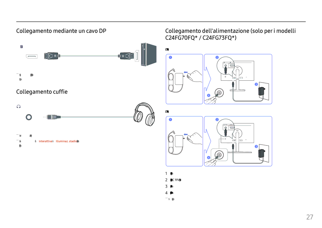 Samsung LC27FG73FQUXEN, LC24FG73FQUXEN manual Collegamento mediante un cavo DP, Collegamento cuffie, C24FG70FQ 