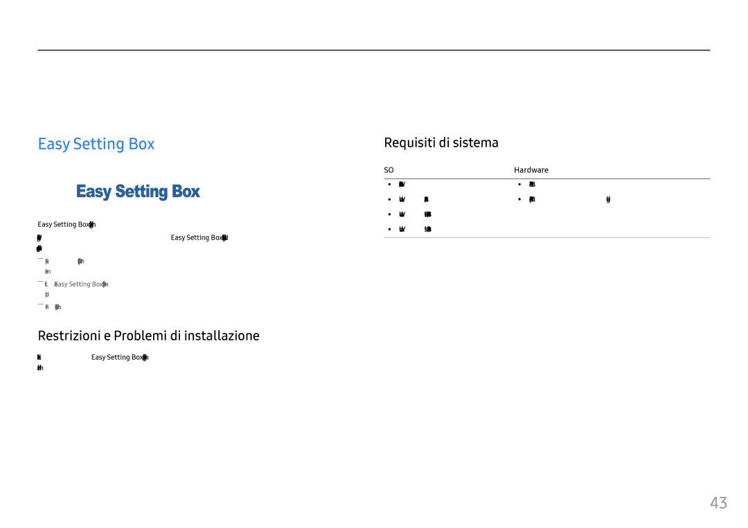 Samsung LC27FG73FQUXEN manual Installazione del software, Easy Setting Box, Restrizioni e Problemi di installazione 