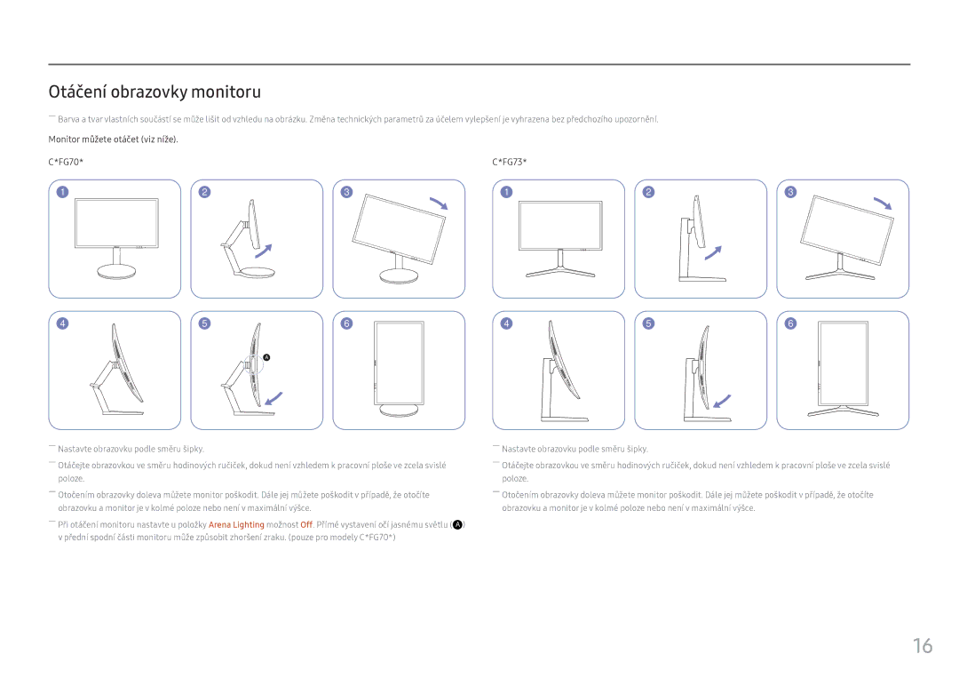 Samsung LC24FG73FQUXEN, LC27FG73FQUXEN manual Otáčení obrazovky monitoru, Monitor můžete otáčet viz níže FG70 FG73 