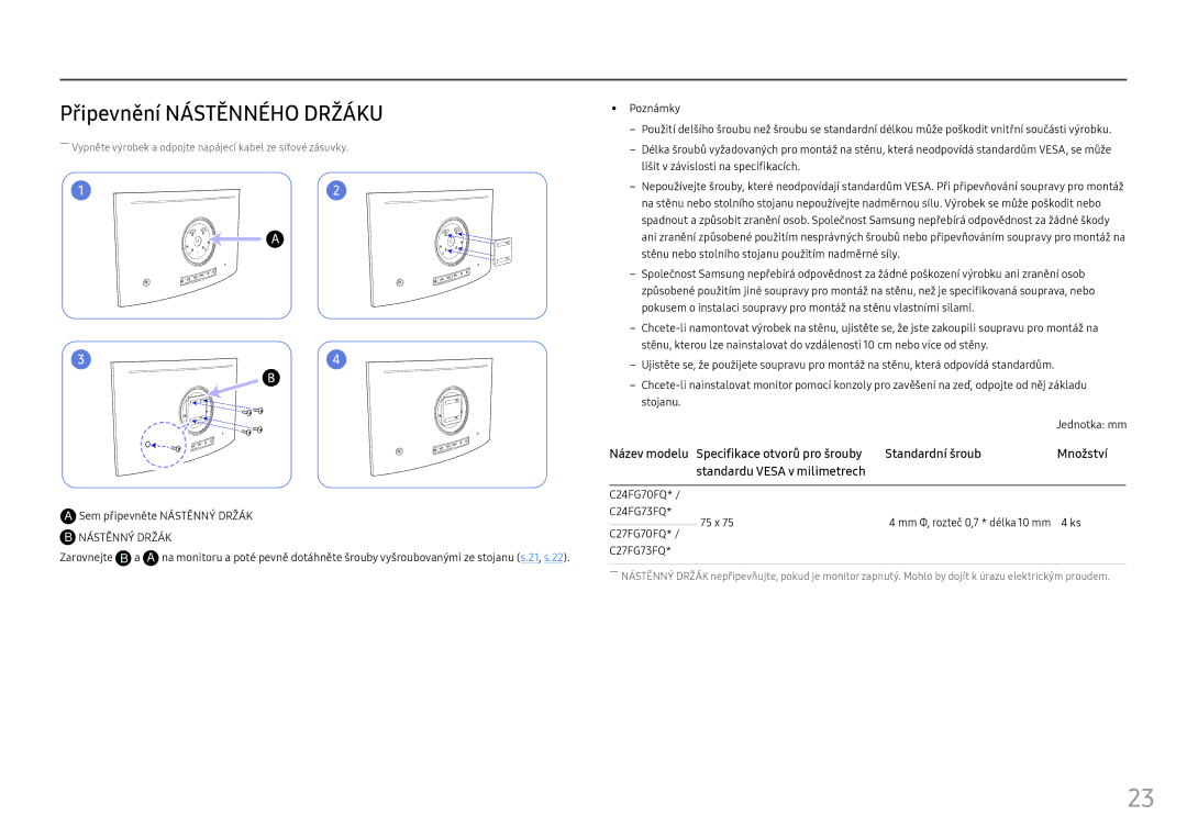 Samsung LC27FG73FQUXEN manual Připevnění Nástěnného Držáku, Zarovnejte B a, C24FG70FQ C24FG73FQ 75 x, C27FG70FQ C27FG73FQ 