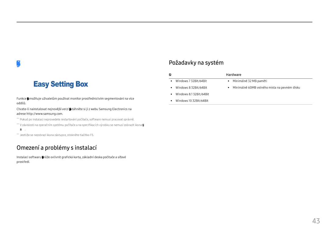 Samsung LC27FG73FQUXEN manual Instalace softwaru, Easy Setting Box, Omezení a problémy s instalací, Požadavky na systém 