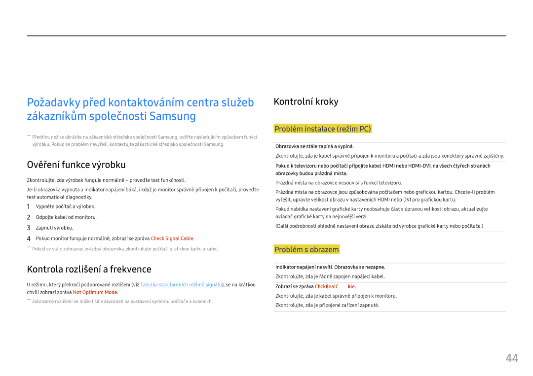 Samsung LC24FG73FQUXEN manual Průvodce odstraňováním potíží, Ověření funkce výrobku, Kontrola rozlišení a frekvence 