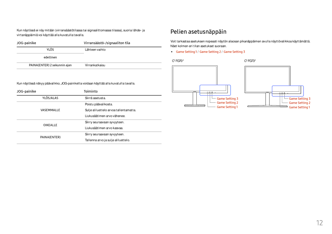 Samsung LC24FG73FQUXEN, LC27FG73FQUXEN manual Pelien asetusnäppäin 