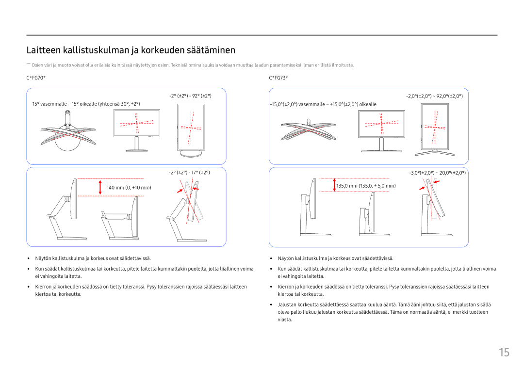 Samsung LC27FG73FQUXEN, LC24FG73FQUXEN manual Laitteen kallistuskulman ja korkeuden säätäminen 