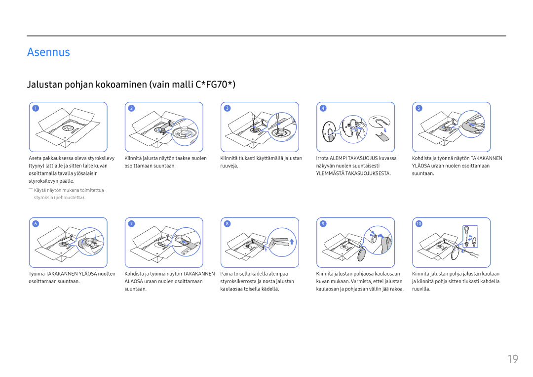 Samsung LC27FG73FQUXEN manual Asennus, Jalustan pohjan kokoaminen vain malli C*FG70, Suuntaan, Styroksilevyn päälle 