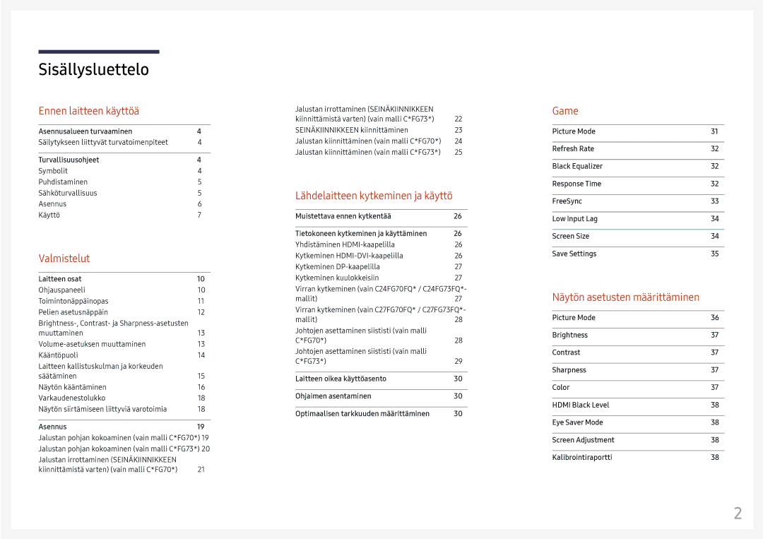 Samsung LC24FG73FQUXEN, LC27FG73FQUXEN manual Sisällysluettelo 