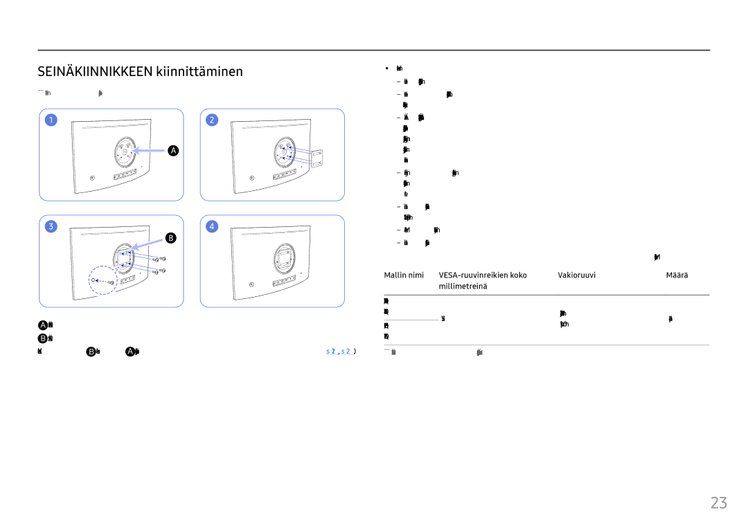 Samsung LC27FG73FQUXEN manual Seinäkiinnikkeen kiinnittäminen, Kiinnitä Seinäkiinnike tähän, Kohdista kohta B kohtaan 
