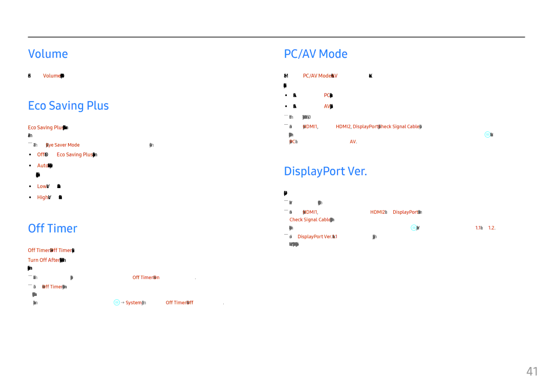 Samsung LC27FG73FQUXEN, LC24FG73FQUXEN manual Volume, Eco Saving Plus, Off Timer, PC/AV Mode, DisplayPort Ver 