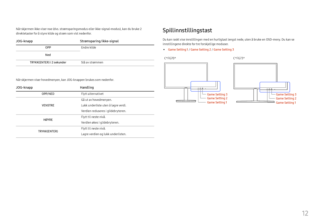 Samsung LC24FG73FQUXEN, LC27FG73FQUXEN manual Spillinnstillingstast 