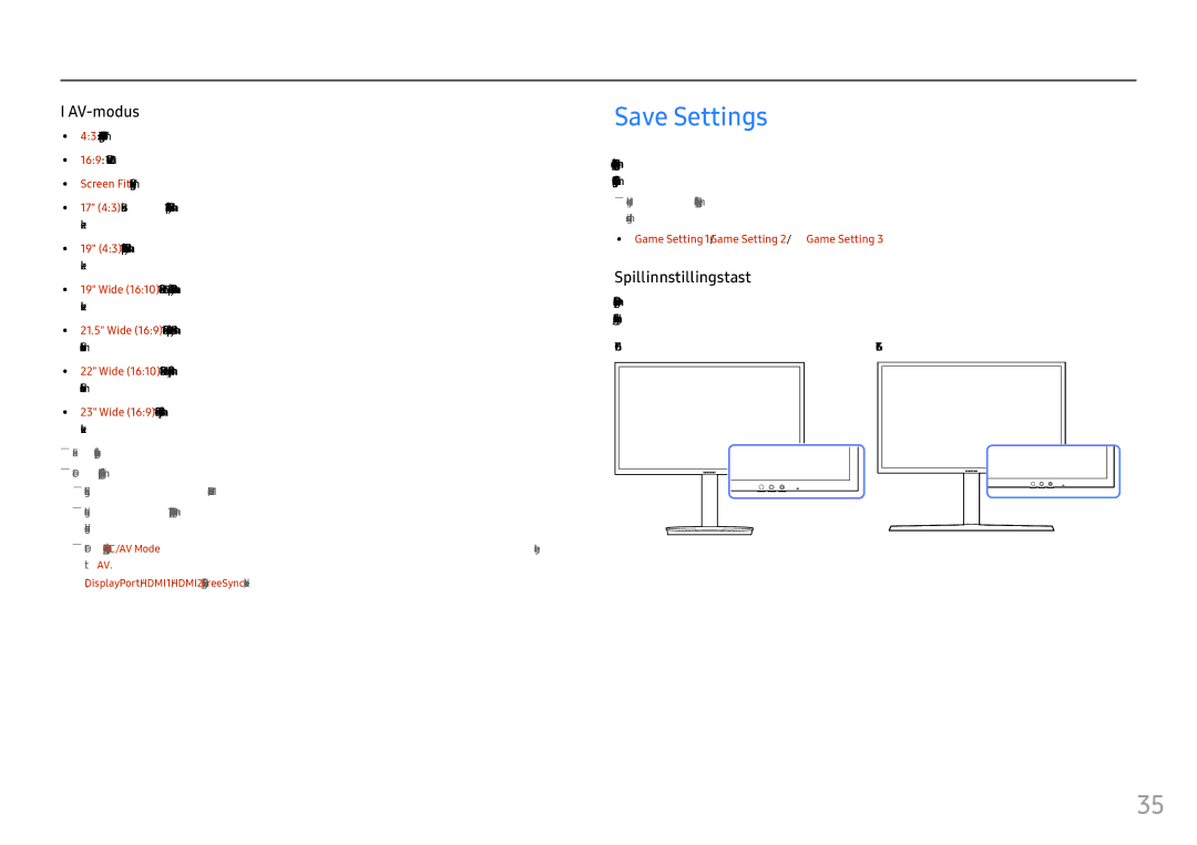 Samsung LC27FG73FQUXEN, LC24FG73FQUXEN manual Save Settings, Spillinnstillingstast 