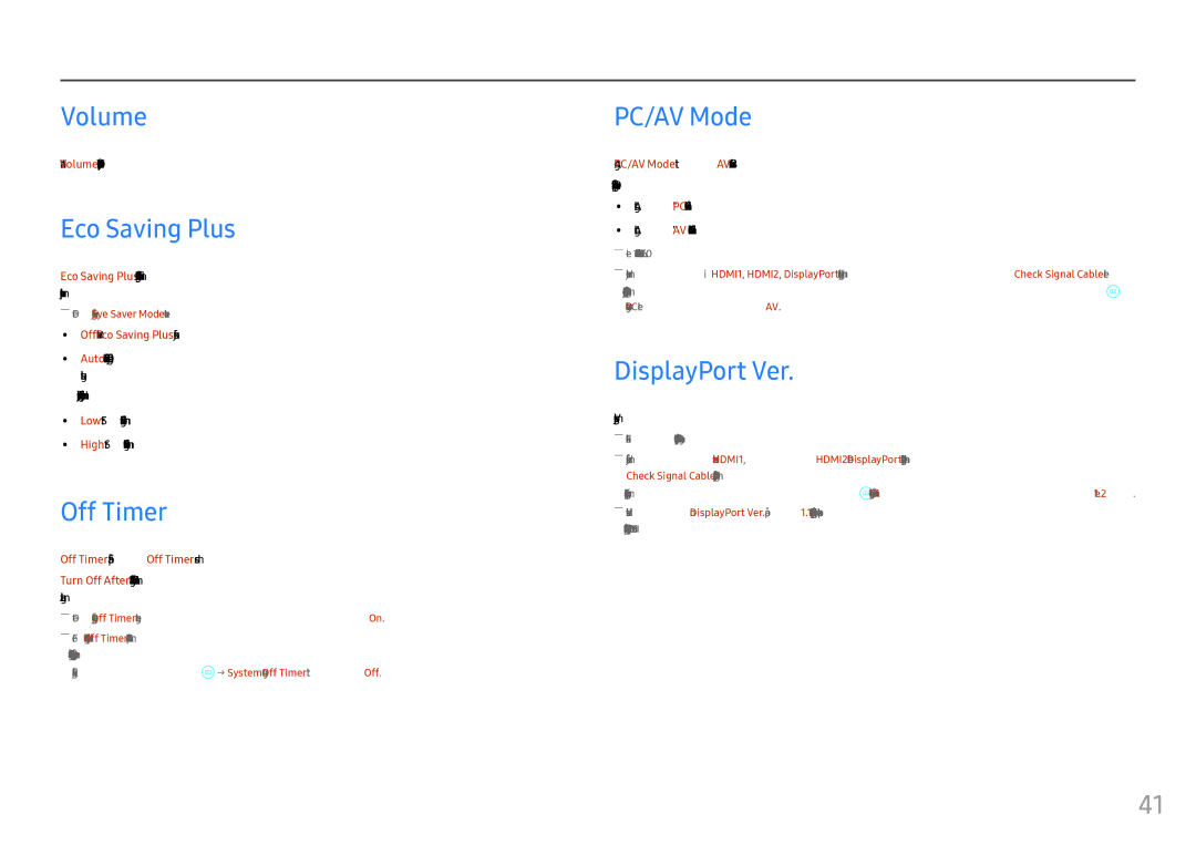 Samsung LC27FG73FQUXEN, LC24FG73FQUXEN manual Volume, Eco Saving Plus, Off Timer, PC/AV Mode, DisplayPort Ver 