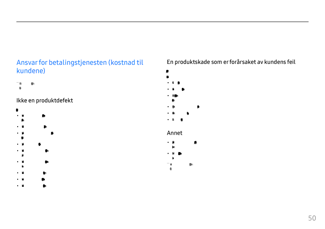 Samsung LC24FG73FQUXEN manual Tillegg, Ansvar for betalingstjenesten kostnad til kundene, Ikke en produktdefekt, Annet 