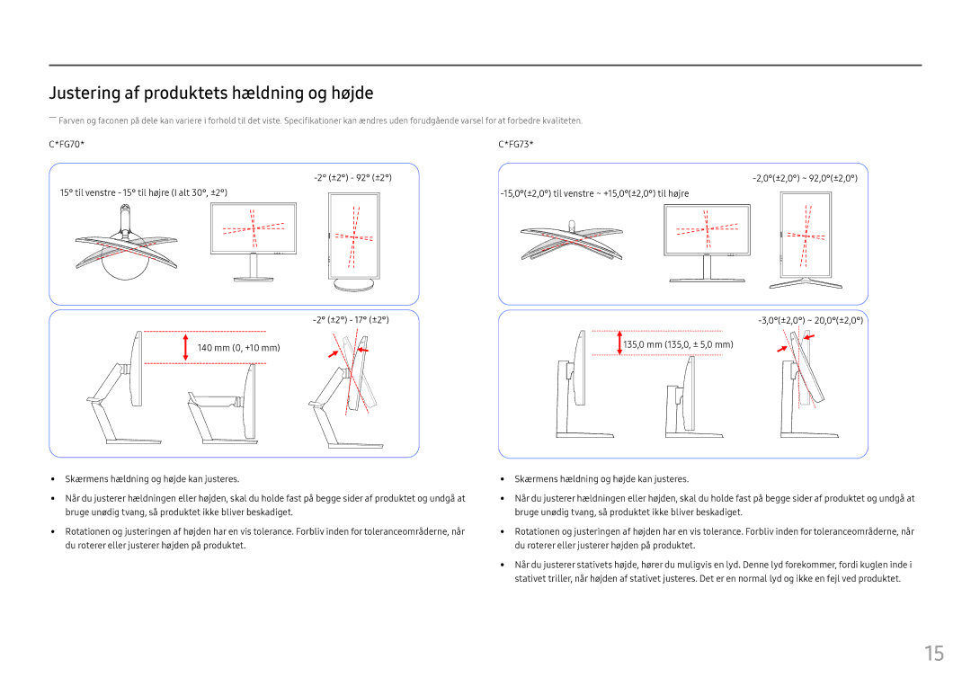 Samsung LC27FG73FQUXEN, LC24FG73FQUXEN manual Justering af produktets hældning og højde 