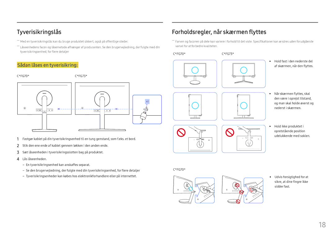 Samsung LC24FG73FQUXEN, LC27FG73FQUXEN manual Tyverisikringslås, Forholdsregler, når skærmen flyttes, FG70*C*FG73 