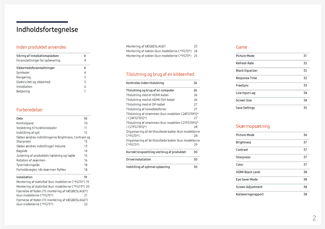 Samsung LC24FG73FQUXEN, LC27FG73FQUXEN manual Indholdsfortegnelse 