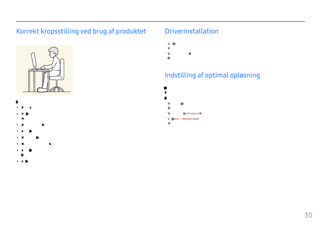 Samsung LC24FG73FQUXEN Korrekt kropsstilling ved brug af produktet, Driverinstallation, Indstilling af optimal opløsning 