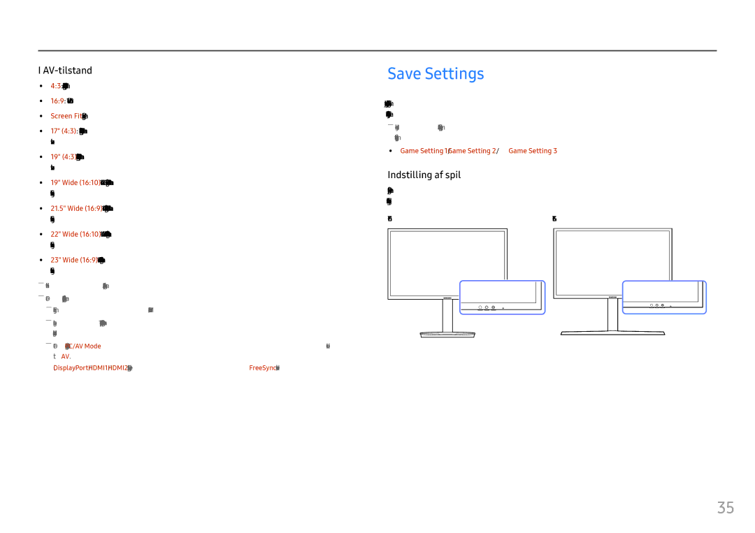 Samsung LC27FG73FQUXEN, LC24FG73FQUXEN manual Save Settings, Indstilling af spil 