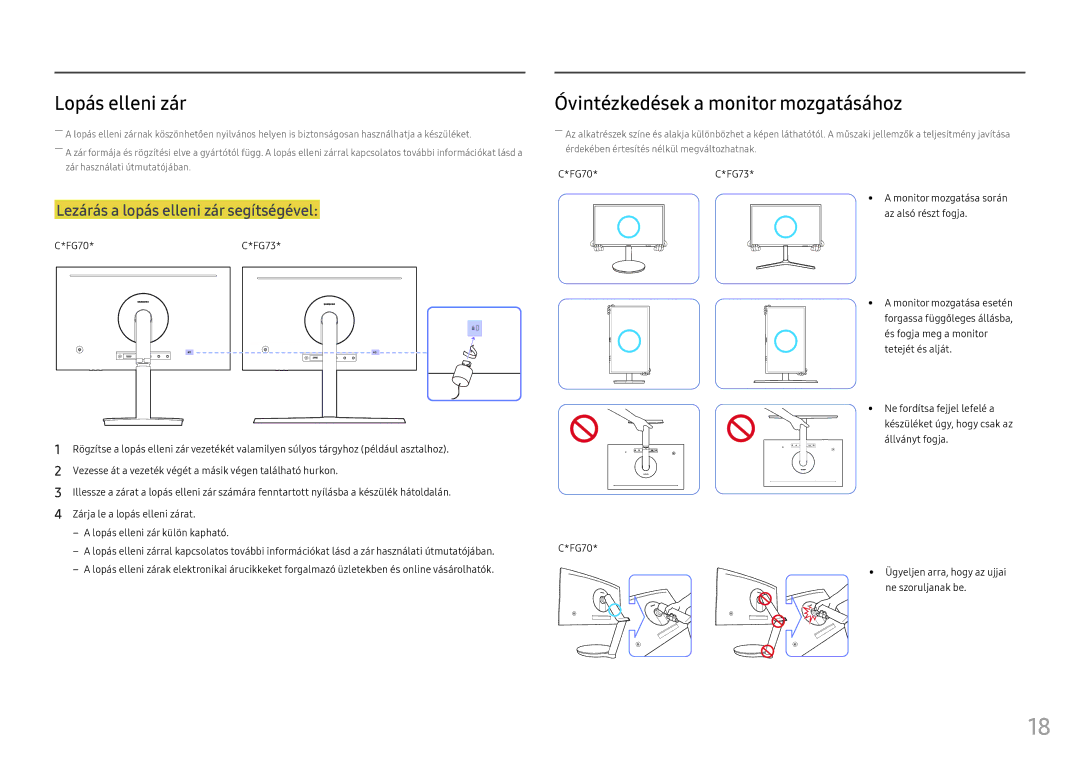 Samsung LC24FG73FQUXEN, LC27FG73FQUXEN manual Lopás elleni zár, Óvintézkedések a monitor mozgatásához 