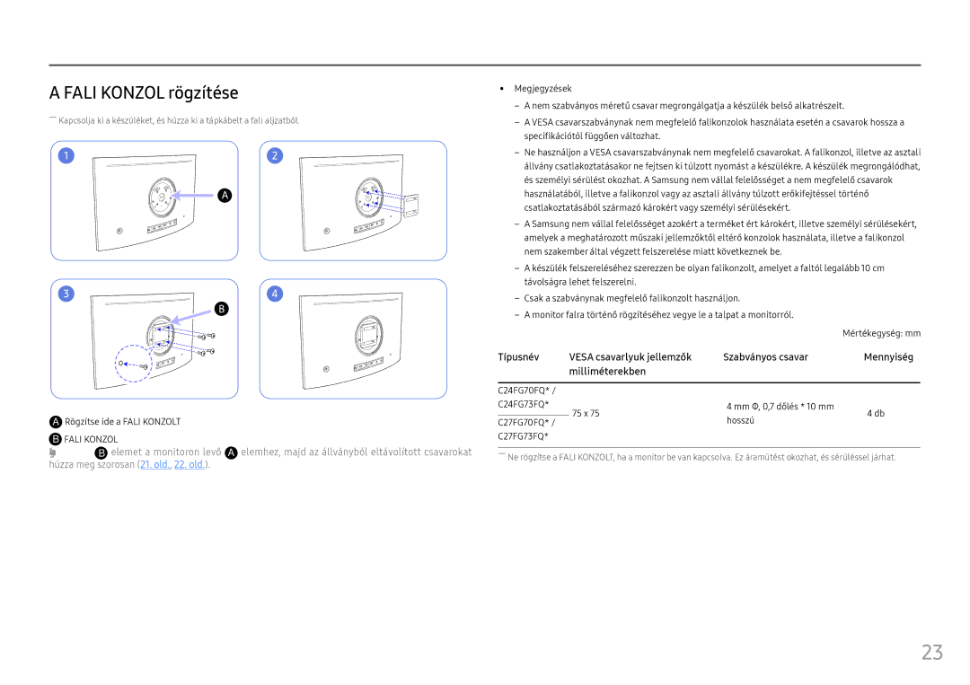 Samsung LC27FG73FQUXEN, LC24FG73FQUXEN manual Fali Konzol rögzítése, Igazítsa a B elemet a monitoron levő 