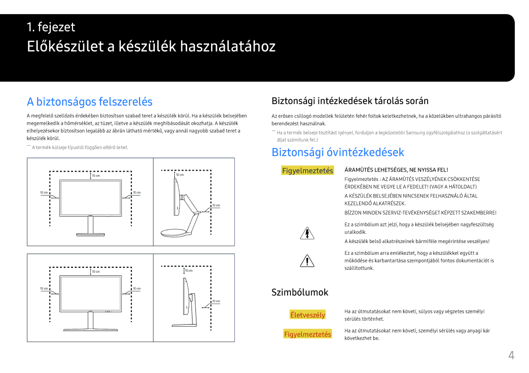 Samsung LC24FG73FQUXEN manual Előkészület a készülék használatához, Biztonságos felszerelés, Biztonsági óvintézkedések 