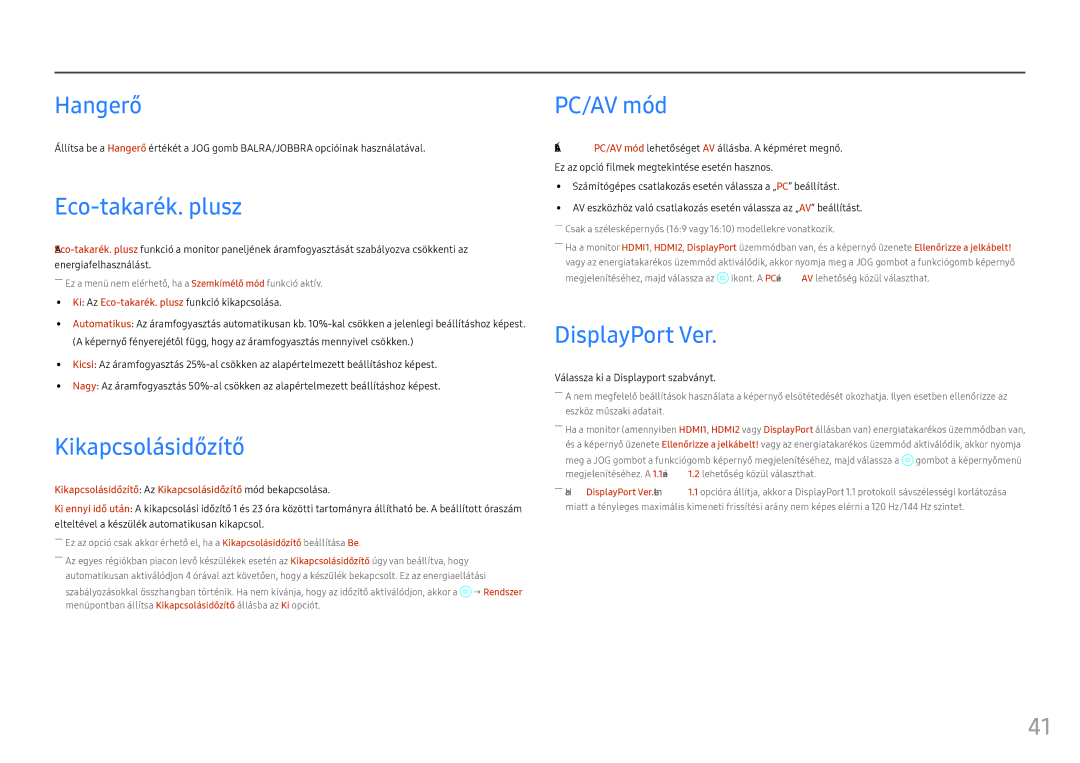 Samsung LC27FG73FQUXEN, LC24FG73FQUXEN manual Hangerő, Eco-takarék. plusz, Kikapcsolásidőzítő, PC/AV mód, DisplayPort Ver 