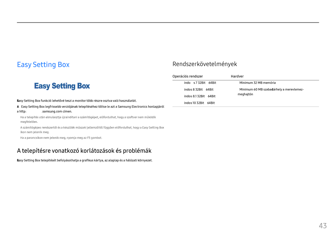 Samsung LC27FG73FQUXEN, LC24FG73FQUXEN manual Szoftver telepítése, Easy Setting Box, Rendszerkövetelmények 