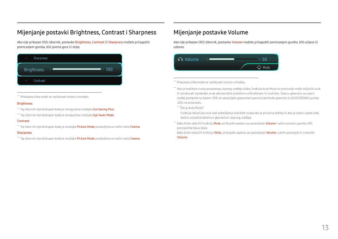 Samsung LC27FG73FQUXEN, LC24FG73FQUXEN Mijenjanje postavki Brightness, Contrast i Sharpness, Mijenjanje postavke Volume 