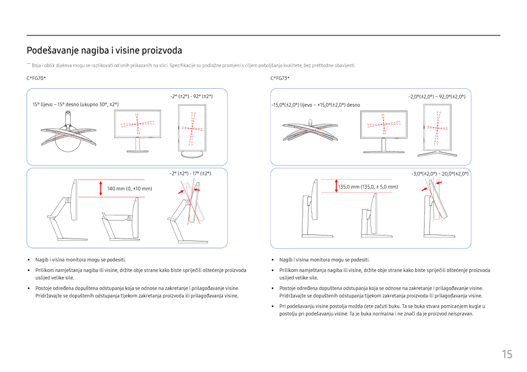 Samsung LC27FG73FQUXEN, LC24FG73FQUXEN manual Podešavanje nagiba i visine proizvoda 