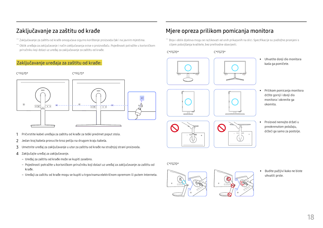 Samsung LC24FG73FQUXEN, LC27FG73FQUXEN manual Zaključavanje za zaštitu od krađe, Mjere opreza prilikom pomicanja monitora 