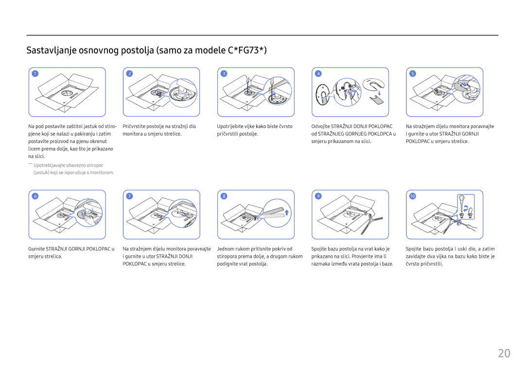 Samsung LC24FG73FQUXEN, LC27FG73FQUXEN manual Sastavljanje osnovnog postolja samo za modele C*FG73 