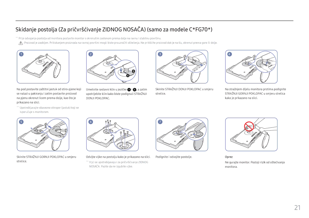 Samsung LC27FG73FQUXEN, LC24FG73FQUXEN manual Ne gurajte monitor. Postoji rizik od oštećivanja monitora 