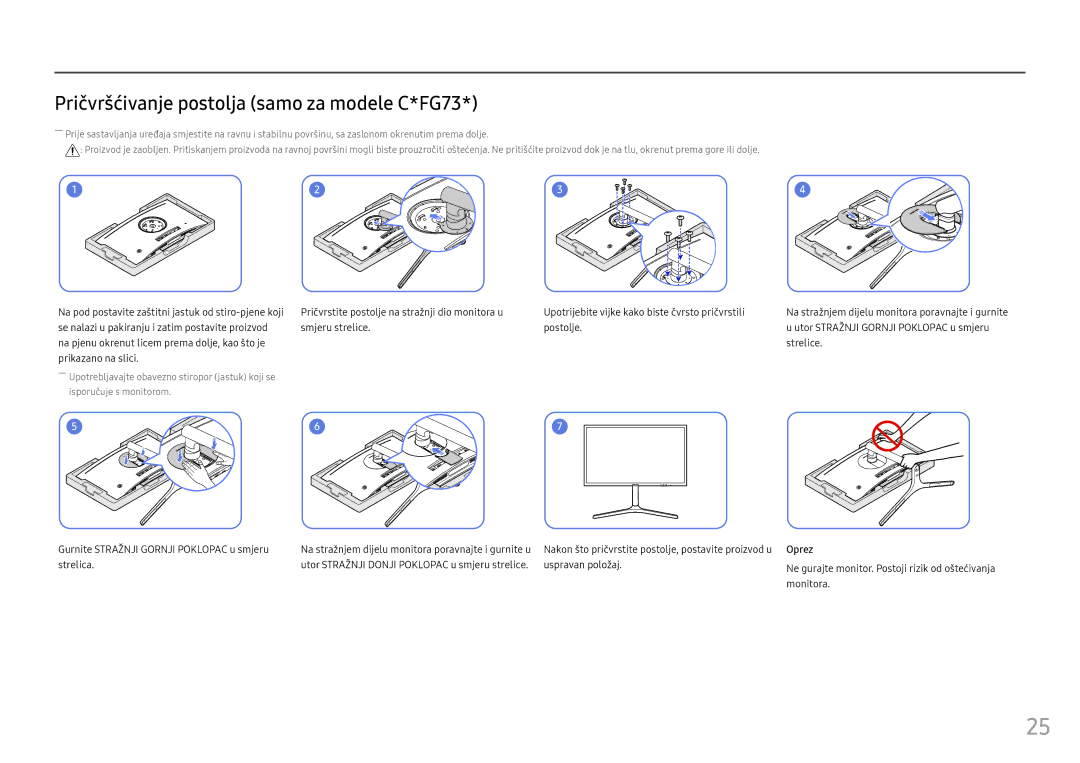 Samsung LC27FG73FQUXEN, LC24FG73FQUXEN manual Pričvršćivanje postolja samo za modele C*FG73 