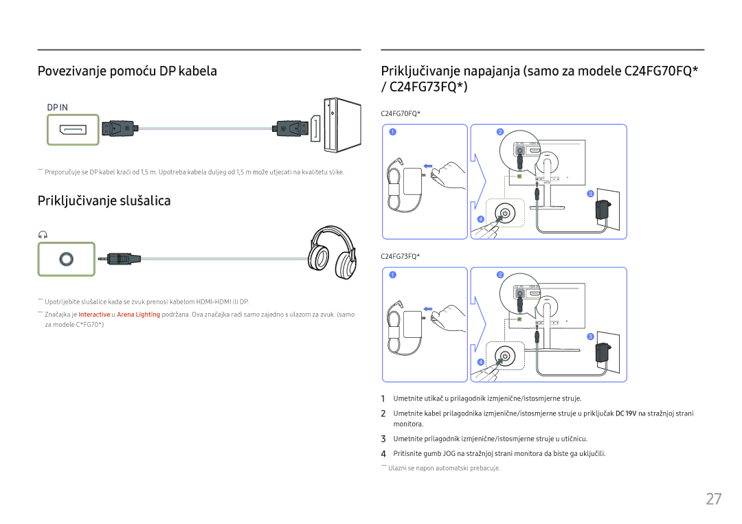 Samsung LC27FG73FQUXEN, LC24FG73FQUXEN manual Povezivanje pomoću DP kabela, Priključivanje slušalica, C24FG70FQ 