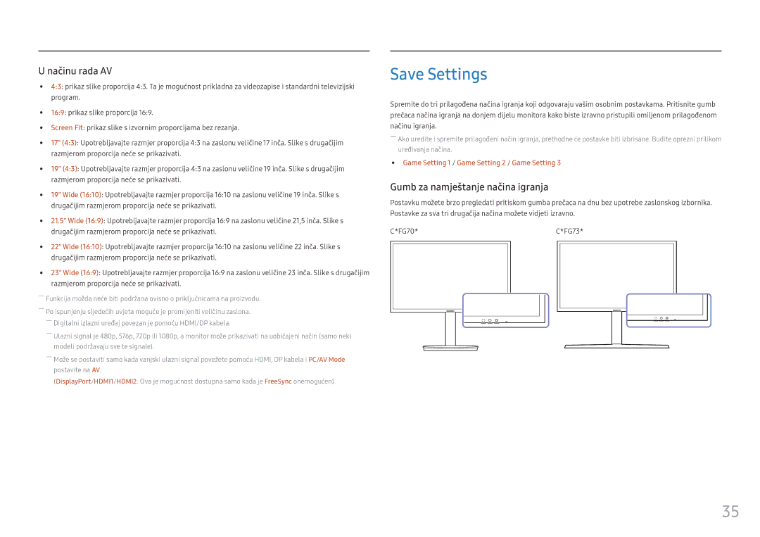 Samsung LC27FG73FQUXEN, LC24FG73FQUXEN manual Save Settings, Gumb za namještanje načina igranja 
