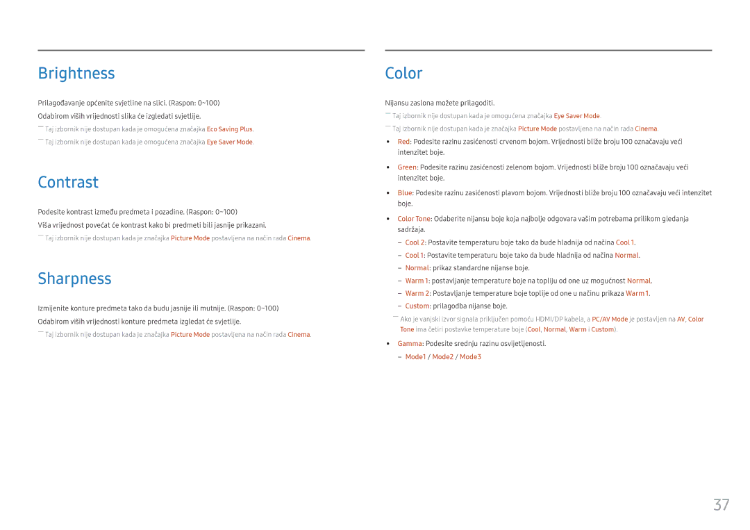 Samsung LC27FG73FQUXEN, LC24FG73FQUXEN manual Brightness, Contrast, Sharpness, Color, Nijansu zaslona možete prilagoditi 