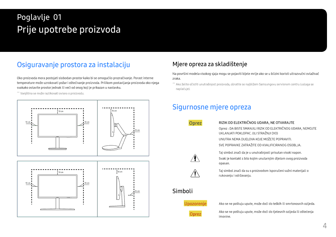 Samsung LC24FG73FQUXEN Prije upotrebe proizvoda, Osiguravanje prostora za instalaciju, Sigurnosne mjere opreza, Simboli 